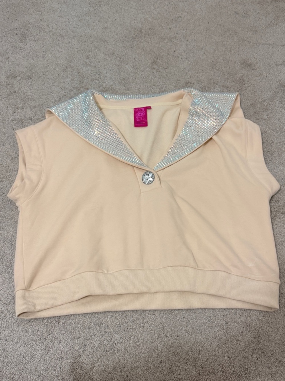 QUEEN OF SPARKLES Cream Crop Top with Iridescent Sequin Collar